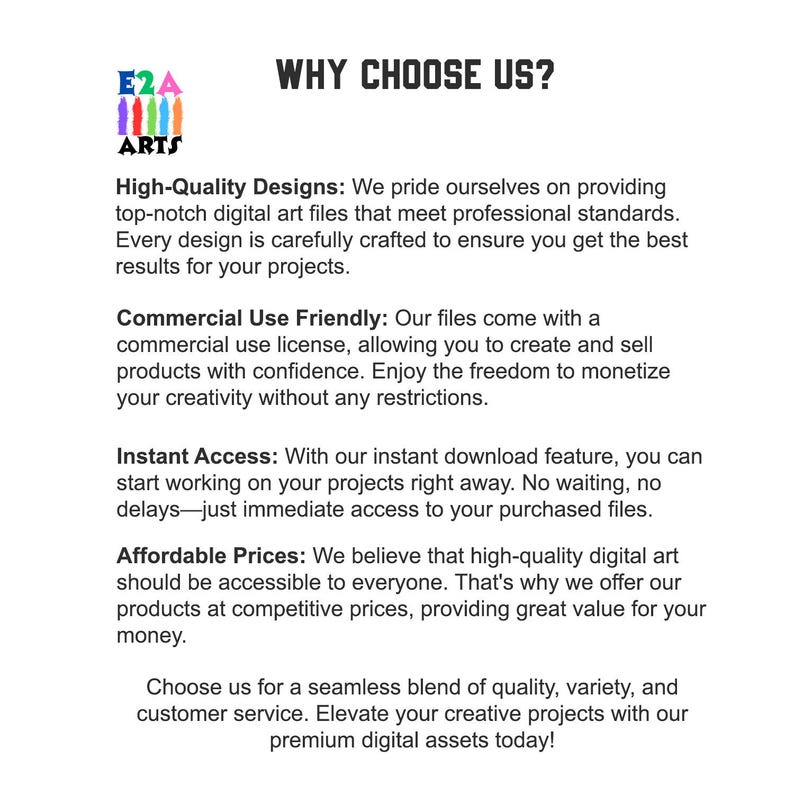 Op de afbeelding: Een afbeelding met de tekst "WHY CHOOSE US?" en een lijst met redenen om voor een bedrijf te kiezen, waaronder hoogwaardige ontwerpen, commercieel vriendelijke licenties, directe toegang en betaalbare prijzen.