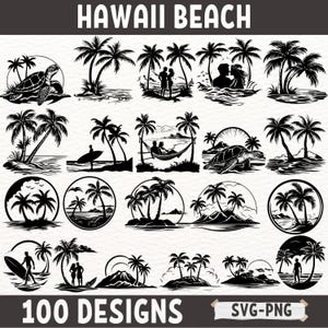 Hawaii Beach SVG Bundle, 100 tropische Silhouette-Designs, Palme Sonnenuntergang SVG, Schildkröte Surfing Clipart, Ocean Beach PNG für Cricut