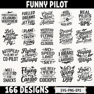Może przedstawiać: Kolekcja czarno-białych wzorów o tematyce lotniczej z frazami takimi jak "Funny Pilot", "Cloud Nine is my Address" i "Flying is my Cardio". Obraz zawiera tekst i grafikę samolotów.