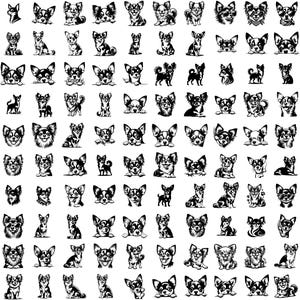 May include: A black and white digital illustration of a collection of 100 chihuahua dogs in various poses. The dogs are all facing forward and have their tongues sticking out.