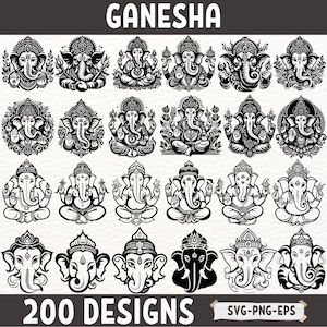 May include: A collection of 200 black and white vector illustrations of the Hindu deity Ganesha. Each illustration features Ganesha in a different pose and with different accessories. The illustrations are perfect for use in digital and print projects.