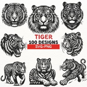 Op de afbeelding: Een verzameling zwart-wit illustraties van tijgers in verschillende poses. De illustraties zijn in vintage stijl en hebben ingewikkelde details. De tekst "TIGER 100 DESIGNS SVG-PNG" wordt in rood weergegeven.