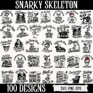 Snarky Skelett SVG Bundle | 100 lustige Skelett Zitate SVG PNG Eps | Sarkastische Halloween Skelett Clipart | Gothic Retro Skelett-Dateien