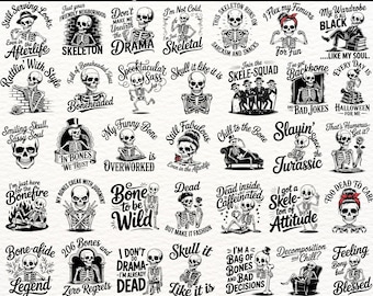 Snarky Skeleton SVG Bundle | 100 Funny Skeleton Quotes SVG PNG Eps | Sarcastic Halloween Skeleton Clipart | Gothic Retro Skeleton Files
