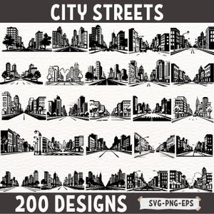Bundle de Silhouette de rue de la ville, rue urbaine horizon PNG, centre-ville des cliparts paysage urbain, vecteur de Street View, bâtiments art numérique EPS