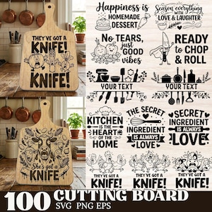 Funny Cutting Board SVG Bundle with Cute Kitchen Quotes, Farm Animal Designs, Food Characters & Engraving Clipart for DIY Crafts and Gifts