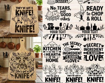 Funny Cutting Board SVG Bundle with Cute Kitchen Quotes, Farm Animal Designs, Food Characters & Engraving Clipart for DIY Crafts and Gifts