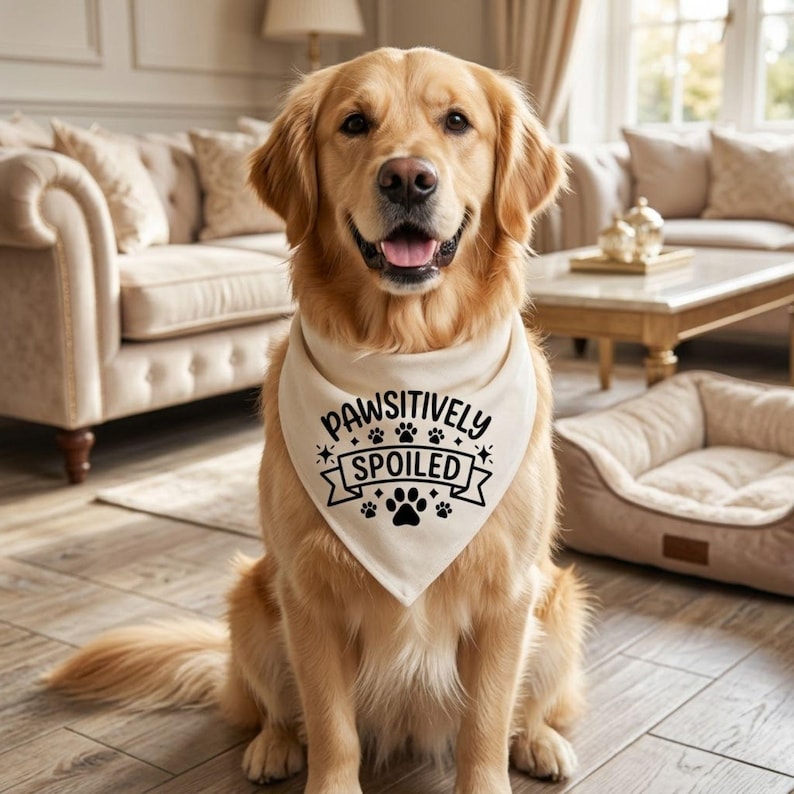 May include: A golden retriever dog wearing a cream-colored bandana. The bandana has the text "PAWSITIVELY SPOILED" in black, along with paw prints and star designs. The dog is sitting in a well-lit room.