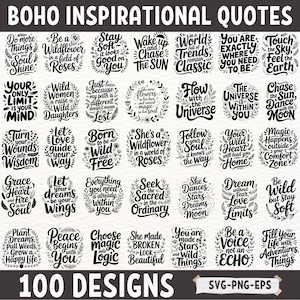 Boho Inspirational Quote SVG Bundle | 100 pozytywnych motywujących powiedzeń dla Cricut Silhouette | Boho Wildflower PNG EPS Designs