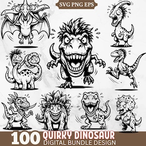 May include: A black and white digital graphic set featuring various cartoon dinosaurs with expressive faces. The text reads SVG PNG EPS 100 QUIRKY DINOSAUR DIGITAL BUNDLE DESIGN. The illustrations include a three-headed pterodactyl, a T-Rex, and other prehistoric creatures in a bold, line-art style.