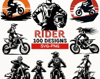May include: A set of 100 black and white vector illustrations of motorcycle riders. The illustrations are in a vintage style and feature riders in various poses. The text "RIDER 100 DESIGNS SVG-PNG" is displayed in red.