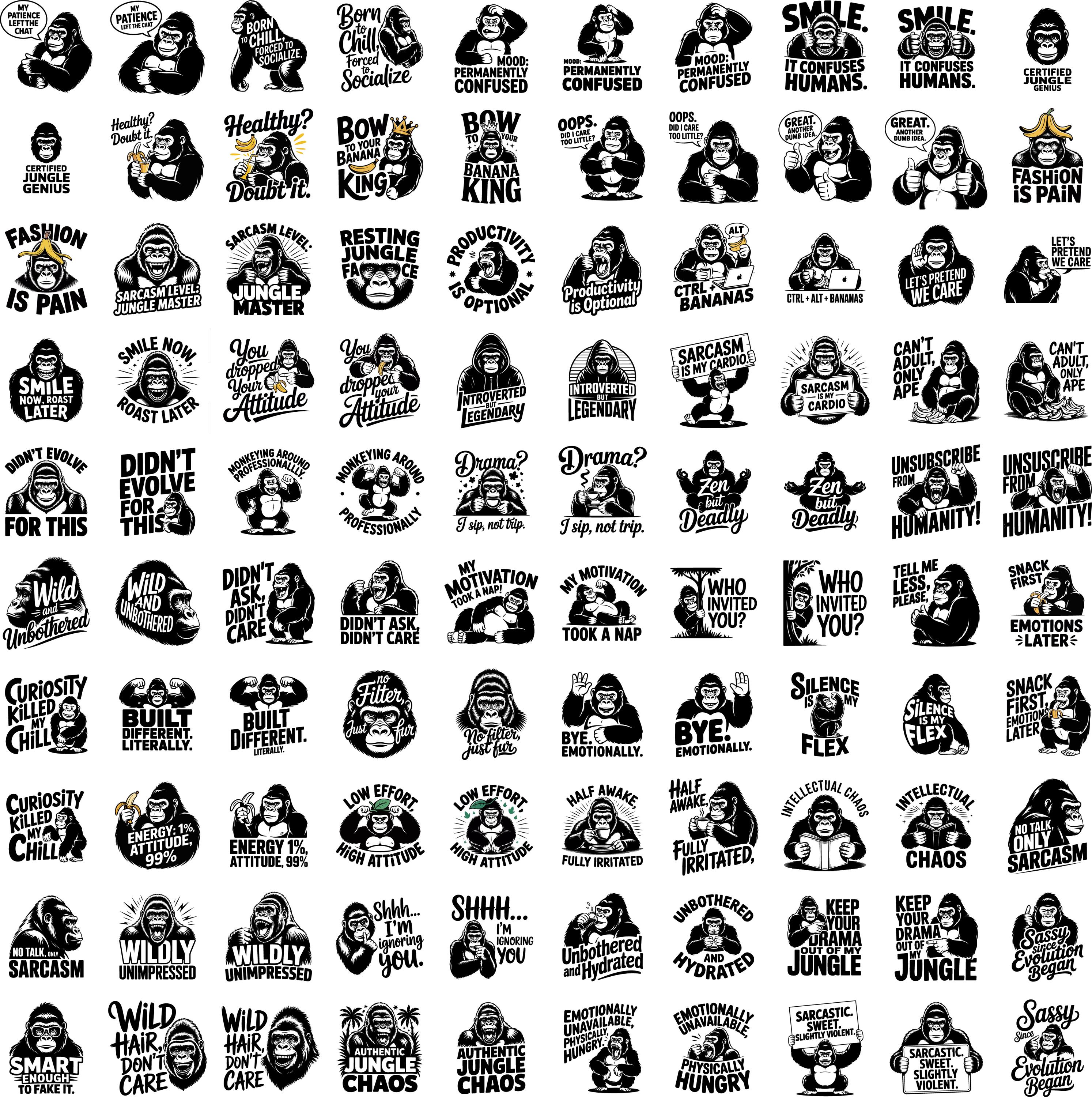 Funny Gorilla SVG Bundle | 200 Snarky Monkey Quotes PNG EPS Designs ...