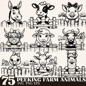 Peut inclure: Illustrations en noir et blanc d'animaux de la ferme regardant par-dessus une clôture en bois. Comprend un âne, une vache, un cochon, une vache, un mouton, un taureau, un canard, une chèvre et un lama. Le texte "75 Peeking Farm Animals SVG PNG EPS" est en bas.