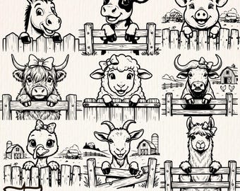 Adorable Peeking Farm Animals SVG Bundle for Cricut and Sublimation, Cute Barnyard Clipart Set, Farm Animal Fence Designs PNG EPS Crafts