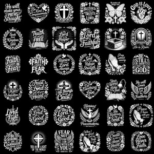 Puede incluir: Colecci&oacute;n de dise&ntilde;os cristianos blancos sobre fondo negro. Cada dise&ntilde;o presenta texto religioso, cruces, palomas y elementos florales. Los dise&ntilde;os son circulares y en forma de coraz&oacute;n, adecuados para manualidades y art&iacute;culos espirituales.