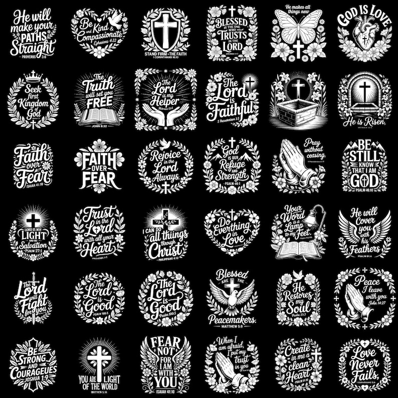Puede incluir: Colecci&oacute;n de dise&ntilde;os cristianos blancos sobre fondo negro. Cada dise&ntilde;o presenta texto religioso, cruces, palomas y elementos florales. Los dise&ntilde;os son circulares y en forma de coraz&oacute;n, adecuados para manualidades y art&iacute;culos espirituales.