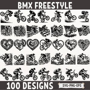 Ensemble BMX Freestyle Svg avec 100 modèles pour Cricut et sublimation, BMX Bike Rider Clipart PNG Eps Vector, Sports extrêmes Svg Set