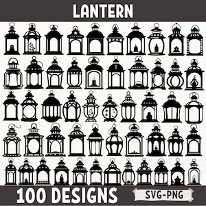 May include: A set of 100 black and white lantern SVG and PNG designs. The lanterns are in various shapes and sizes, with some featuring decorative elements like stars, circles, and geometric patterns. The text "LANTERN" and "100 DESIGNS" are at the top of the image, and "SVG-PNG" is at the bottom.