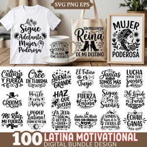 May include: A collection of Latina motivational designs. Includes a white t-shirt with the text "Sigue Adelante Mujer Poderosa", a coffee mug, a tote bag, and a framed print. Also includes 100 digital designs.
