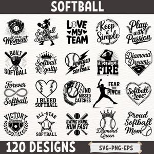 Softboll SVG-paket med 120 designer | Softbollcitat PNG EPS-klippfiler | Fastpitch Softboll Mamma-tröja-dekaler Cricut Silhouette Digital