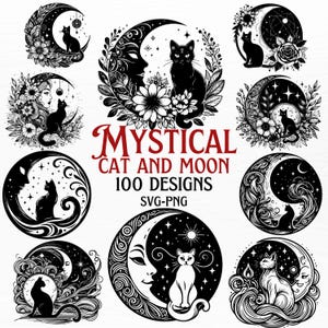 Pacchetto di design SVG di gatto mistico e luna / Clipart di gatto stregone / File di taglio di luna e gatto per Cricut / Pacchetto di arte di sublimazione PNG