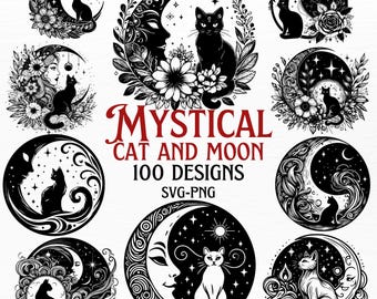 Könnte beinhalten: Ein Set mit 100 mystischen Katzen- und Mond-Designs in Schwarzweiß. Die Designs zeigen Katzen, Monde, Sterne und Blumen. Der Text "Mystical Cat and Moon 100 Designs SVG-PNG" ist in einer dekorativen Schrift geschrieben.