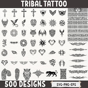 May include: A collection of 500 tribal tattoo designs in black. The designs include crosses, hearts, dragons, shields, suns, wolves, owls, panthers, and various other patterns. The text "TRIBAL TATTOO" and "500 DESIGNS" are displayed.