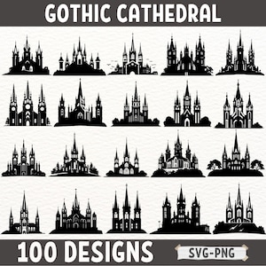 以下が含まれることがあります： ゴシック様式の教会のシルエットの白黒イラスト20点セット。イラストは様々なスタイルとサイズで、すべて白い背景に描かれています。画像の下部には「100 DESIGNS」と「SVG-PNG」のテキストがあります。