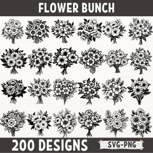 Flower Bouquet SVG Bundle, 200 Floral Bunch SVG PNG, Wedding Flowers Clipart, Hand Drawn Flower Bouquet Digital Download, Cricut Cut Files