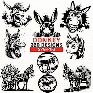Esel SVG Bundle, 260 Esel PNG SVG-Designs, Bauernhof Clipart, lustige Esel Vektor, Pferd Maultier Silhouette, Cricut geschnitten Dateien für Shirts