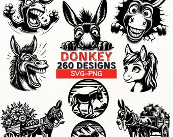 Donkey SVG Bundle, 260 Donkey PNG SVG Designs, Farm Animal Clipart, Funny Donkey Vector, Horse Mule Silhouette, Cricut Cut Files for Shirts