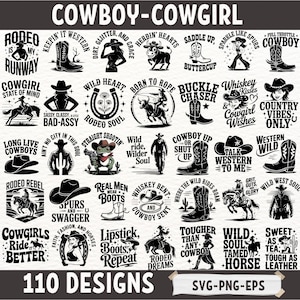 Western Cowboy Cowgirl SVG Bundle, Country Rodeo Zitat PNG EPS Designs, Wilder Westen Western Stiefel Hut Shirt Abziehbild Schneidedateien