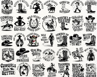 Western cowboy cowgirl SVG-bundel, Country Rodeo citaat PNG EPS-ontwerpen, wilde westen western laarzen hoed shirt sticker snijden bestanden