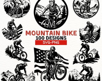 Paquete SVG PNG de bicicleta de montaña: 100 diseños de imágenes prediseñadas de ciclismo de montaña, archivos digitales de aventuras en bicicleta para Cricut, Silhouette, calcomanías