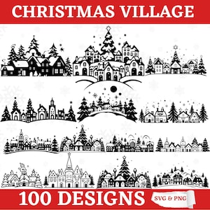 Weihnachtsdorf SVG-Bundle, 100 Weihnachtsdorf Silhouetten, Winter Stadt Clipart, PNG-Dateien für Cricut, Urlaub Handwerk Schnittdateien