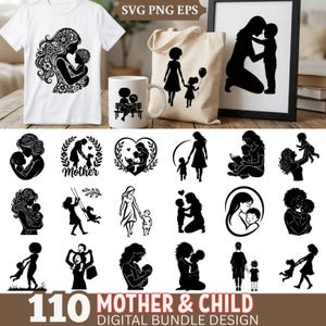 Könnte beinhalten: Eine Sammlung von schwarz-weißen Mutter-Kind-Designs. Die Designs werden auf einem weißen T-Shirt, einer Tragetasche, einer Kaffeetasse und einem gerahmten Druck gezeigt. Das Bild enthält auch 110 digitale Mutter-Kind-Bundle-Designs.