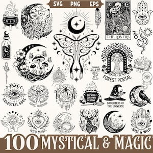 Mystisk magi SVG-paket, häxkonst Clipart, månfjäril Tarot ockult grafik, himmelsk skog hednisk konst PNG EPS-set