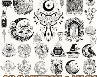 Mystical Magic SVG Bundle, Witchcraft Clipart, Moon Moth Tarot Occult Graphics, Celestial Forest Pagan Art PNG EPS Set