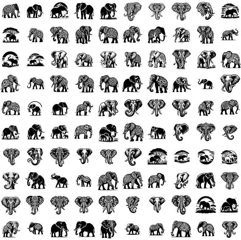 Pu&ograve; includere: Una collezione di 100 illustrazioni di elefanti in bianco e nero. Gli elefanti sono in varie pose, tra cui in piedi, in cammino e in tromba. Alcuni elefanti hanno intricati motivi sui loro corpi.