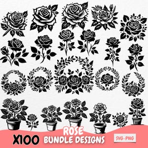 Puede incluir: Un conjunto de 100 diseños de rosas en blanco y negro, que incluyen rosas individuales, ramos de rosas, coronas y rosas en maceta. El texto "X100 Bundle Designs" y "Rose" está incluido en la imagen.