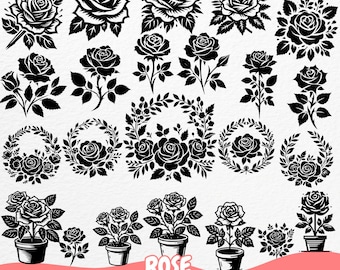 May include: A set of 100 black and white rose designs, including single roses, rose bouquets, wreaths, and potted roses. The text "X100 Bundle Designs" and "Rose" are included in the image.