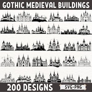 ゴシック中世の建物 SVG バンドル、200 の城と大聖堂のシルエット クリップアート、ゴシック建築 PNG、ファンタジー城のデジタル ダウンロード