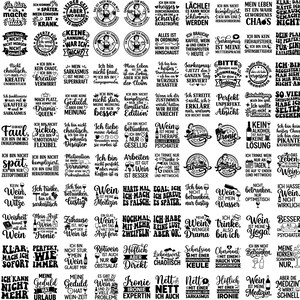 May include: A collection of German-language stickers with humorous phrases about wine, sarcasm, and life, featuring various fonts and designs. The stickers are round and rectangular.