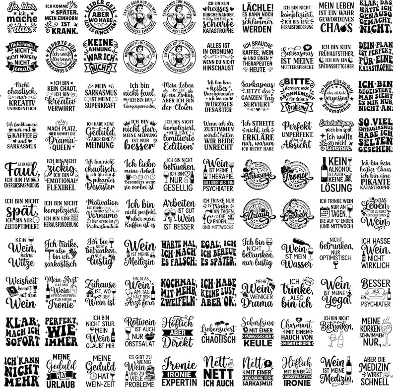 May include: A collection of German-language stickers with humorous phrases about wine, sarcasm, and life, featuring various fonts and designs. The stickers are round and rectangular.