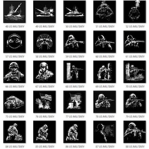 May include: Collection of 45 black and white illustrations with the text "US MILITARY" at the bottom of each. The images depict various military themes, including soldiers, ships, aircraft, and equipment.