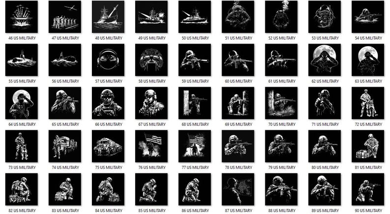 May include: Collection of 45 black and white illustrations with the text "US MILITARY" at the bottom of each. The images depict various military themes, including soldiers, ships, aircraft, and equipment.