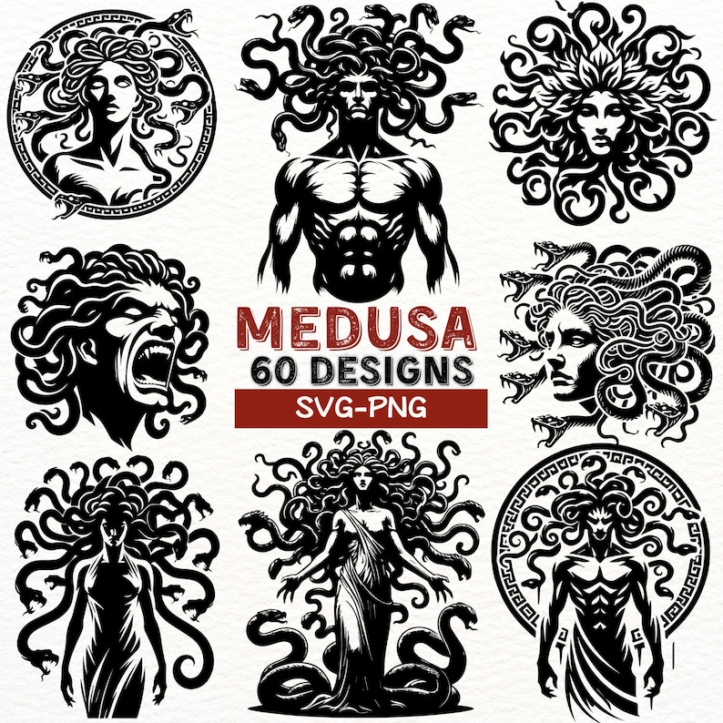 May include: A set of 60 black and white vector illustrations of Medusa, the Greek mythological figure with snakes for hair. The illustrations feature different poses and expressions of Medusa, including a fierce, angry expression, a more serene expression, and a more playful expression. The illustrations are perfect for use in a variety of creative projects, such as t-shirt designs, website graphics, and social media posts.