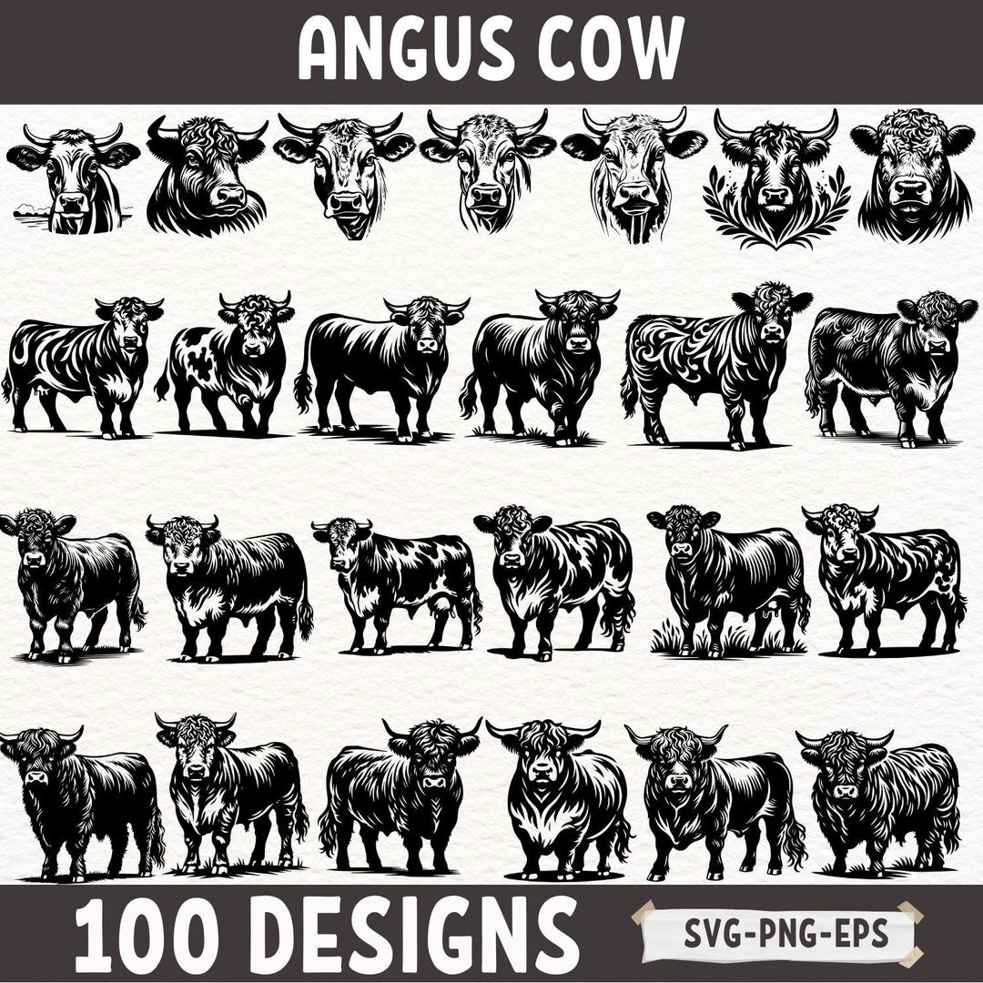 Angus Cow SVG Bundle for Cricut and Silhouette | Highland Bull Clipart ...