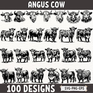 May include: A collection of 100 black and white vector illustrations of Angus cows in various poses. The illustrations are perfect for use in crafting projects, logos, and other creative endeavors.  "ANGUS COW" and "100 DESIGNS" are written in white text at the top and bottom of the image.  "SVG-PNG-EPS" is written in white text at the bottom right corner of the image.