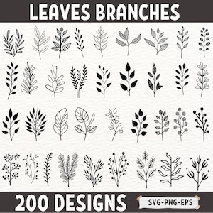 葉と枝の SVG バンドル、手描きの植物のクリップアート、花の線画、デジタルの葉のシルエット、PNG EPS ベクター、Cricut ファイル
